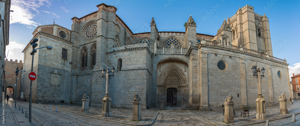 Majestic panoramic view at the Austere Romanesque-Gothic lateral facade building at the Cathedral of the Saviour, Ávila cathedral