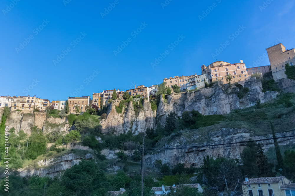 Majestic full view at the Cuenca Hanging Houses, Casas Colgadas, iconic architecture on Cuenca city