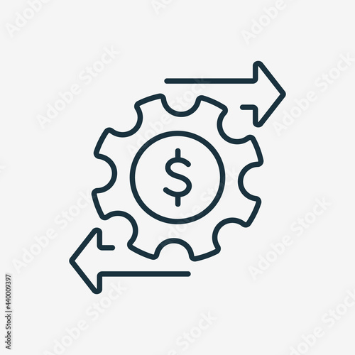 Financial Money Management Line Icon. Operating Cost symbol. Gear and Arrow Line Icon. Process of Making Money. Editable stroke. Vector illustration
