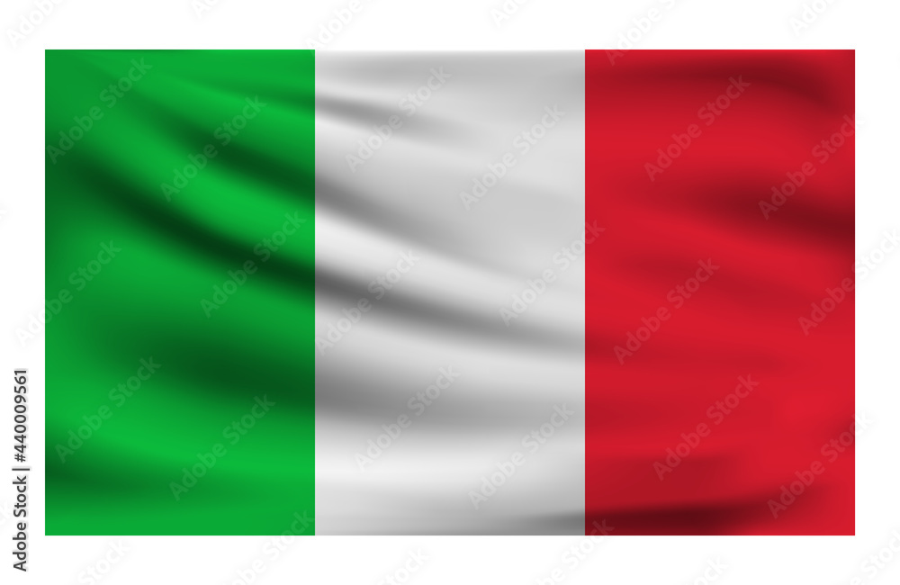 Realistic National flag of Italy. Current state flag made of fabric. Vector illustration of lying wavy cloth in national colors of Italy.