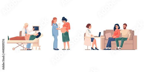 A set of cute scenes with a woman expecting a baby. Visit doctor. Consultation of a doctor and a pregnant woman with her husband. Cartoon design. Isolated on a white background. Vector illustration.