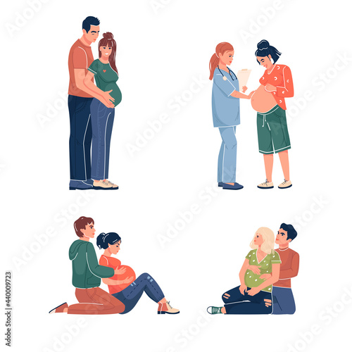 Collection of a pregnant woman, a doctor's appointment, in a course for pregnant women with her husband. Happy pregnancy. Vector illustration. Flat cartoon style, isolated on white background.