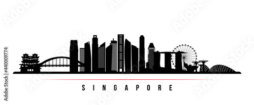 Singapore skyline horizontal banner. Black and white silhouette of Singapore. Vector template for your design.