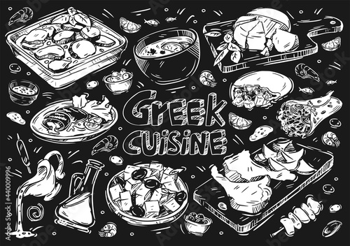 Hand drawn vector illustration food. Doodle Greek cuisine on black board: olives and olive oil, moussaka, grilled meat, gyros, souvlaki, pastitsio, hummus, cheese