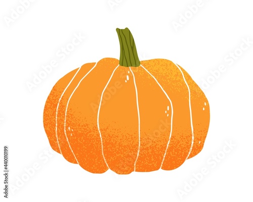 Autumn round-shaped pumpkin with peduncle. Fall orange squash. Autumnal gourd. Seasonal holiday vegetable. Colored flat textured vector illustration isolated on white background