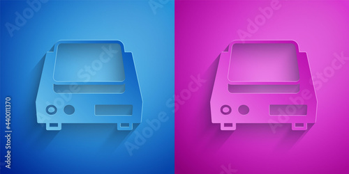 Paper cut Electronic jewelry scales icon isolated on blue and purple background. Paper art style. Vector