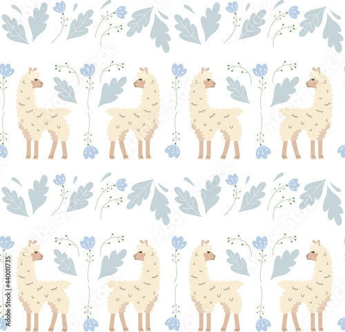 Vector seamless pattern with cute cartoon alpakas. Funny lamas wallpaper. Nice animals and plant and floral elements. Textute for textile or wrapping paper.