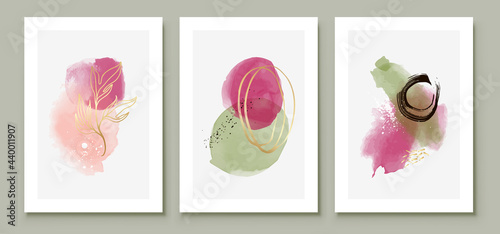 Green and Pink Abstract Watercolor Compositions. Set of soft color painting wall art for house decoration or invitations. Minimalistic background design. Vector wall art plants in minimalist style.