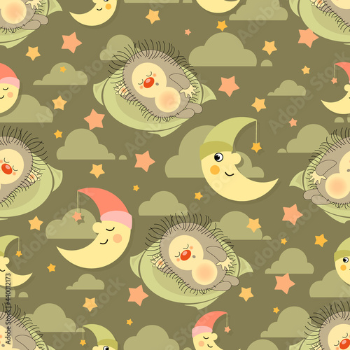 Hedgehog. Sweet Dreams. Vector animals patterns baby nursery art.  Cute sleeping hedgehog in sky background. Seamless pattern, wallpaper design kids illustration. 