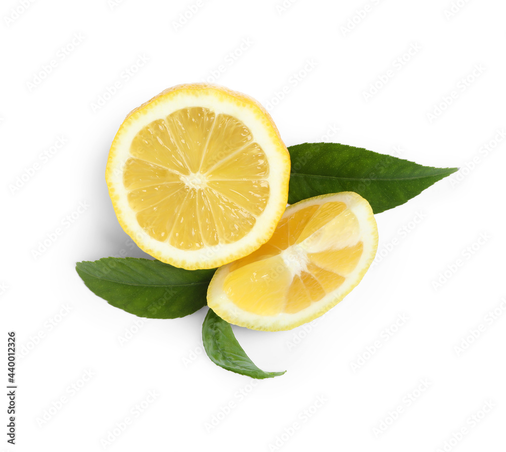 Fresh ripe lemons with leaves on white background, top view Fresh ripe lemons with leaves on white background, top view
