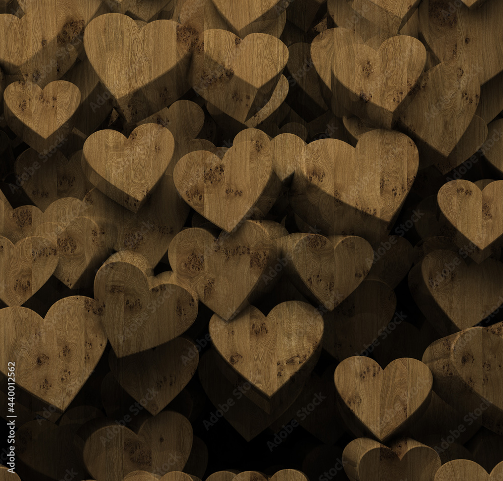 Obraz premium 3d illustration. Background image of three-dimensional triangles of the same size, located at different heights, with a shadow and with the texture of natural and painted wood. Wood panel. Render