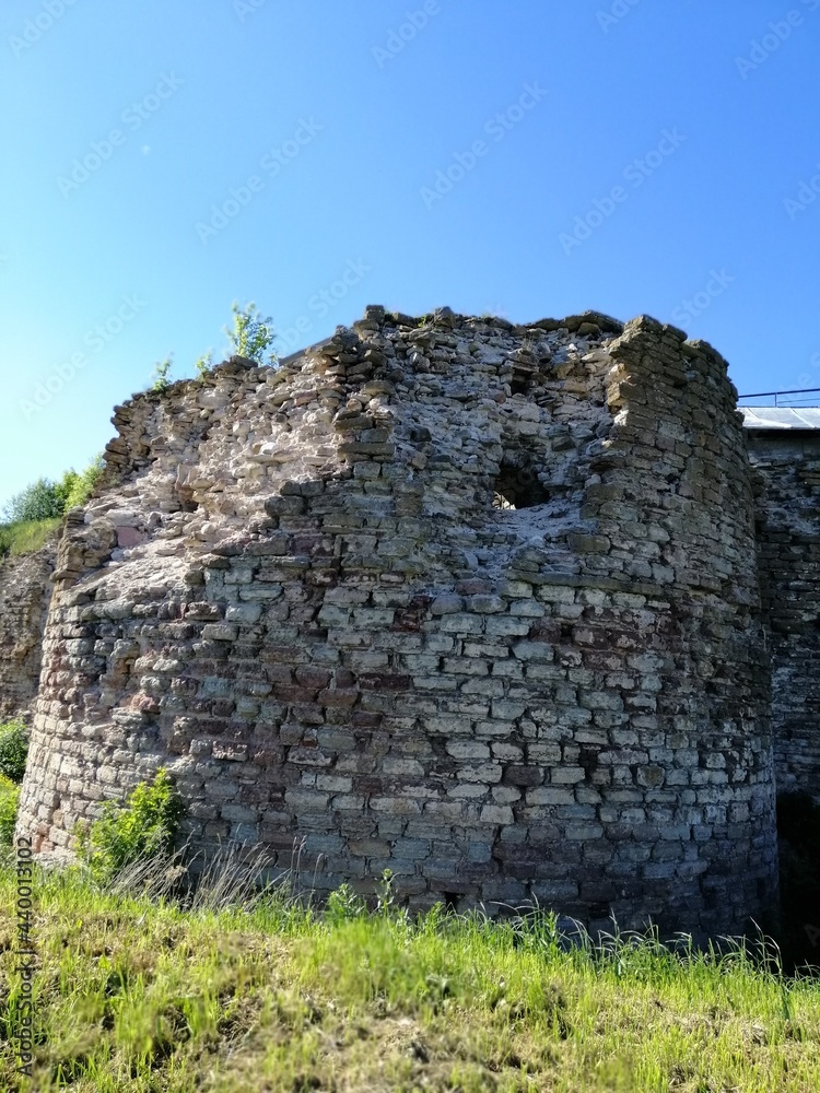 Oreshek Fortress, Shlisselburg, Leningrad Region, Russia-June, 4, 2021.Ancient Russian fortress on Ladoga lake.  Summer panorama of  Oreshek castle.ancient destroyed and restored buildings and walls