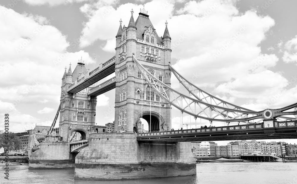 Background of Tower Bridge in London in b/w format - England.
