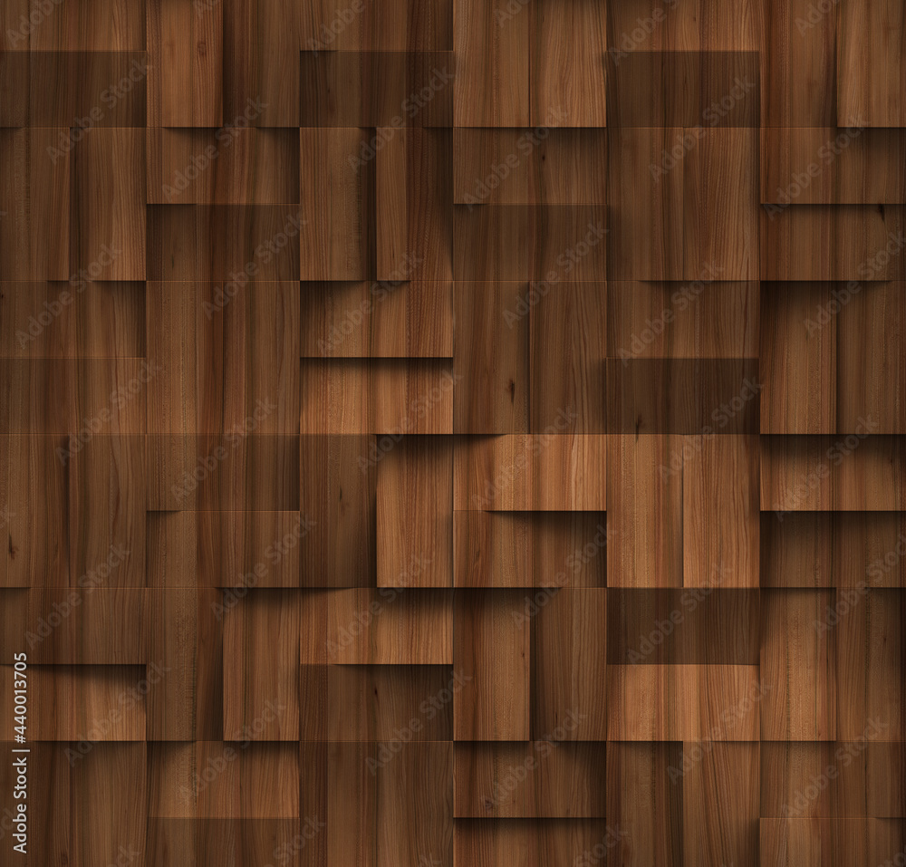 3d illustration. Background image of three-dimensional triangles of the same size, located at different heights, with a shadow and with the texture of natural and painted wood. Wood panel. Render 3d illustration. Background image of three-dimensional triangles of the same size, located at different heights, with a shadow and with the texture of natural and painted wood. Wood panel. Render