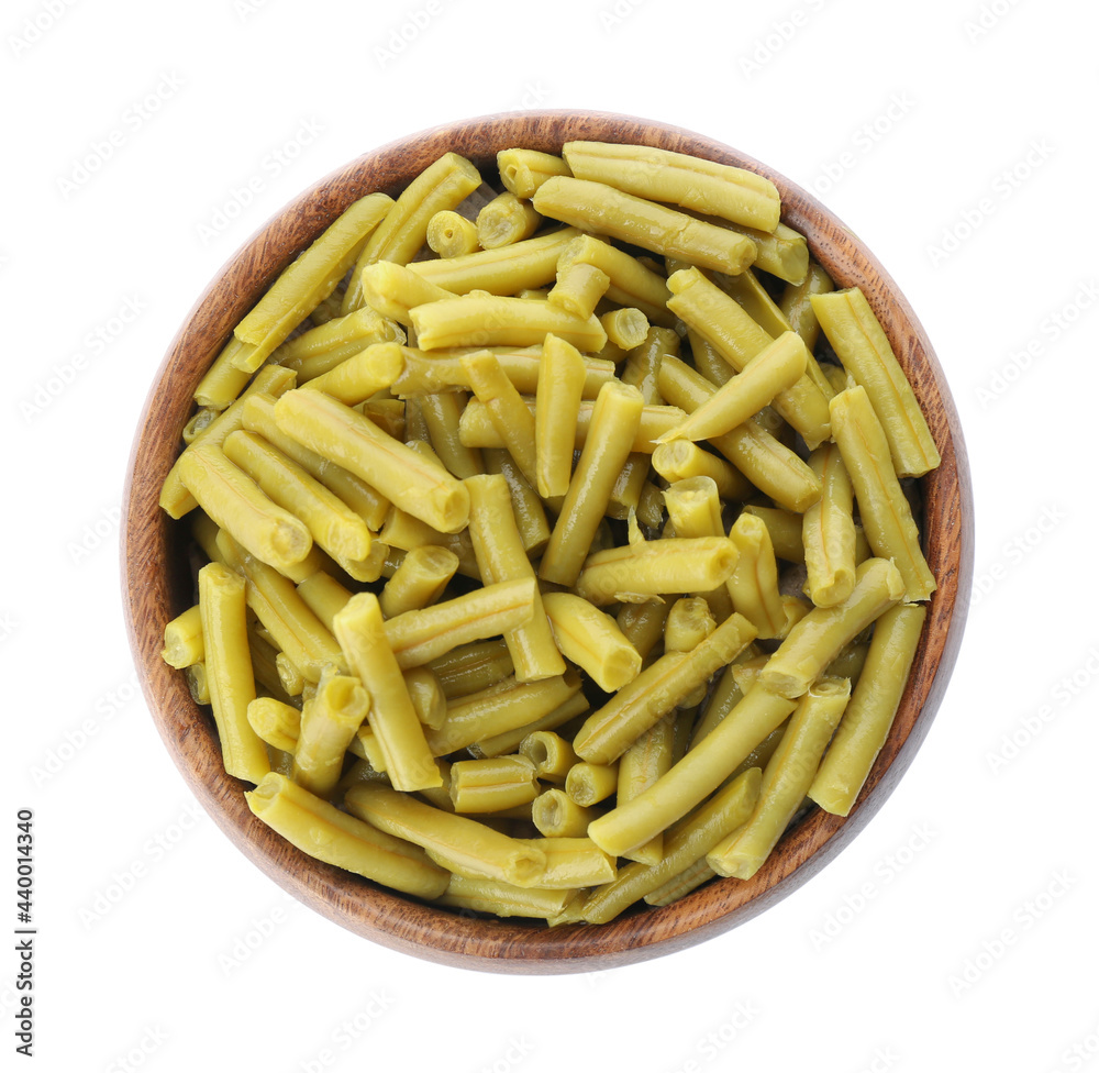 Canned green beans in bowl isolated on white, top view Canned green beans in bowl isolated on white, top view
