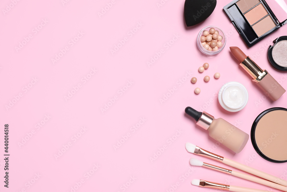 Flat lay composition with decorative cosmetics on pink background, space for text Flat lay composition with decorative cosmetics on pink background, space for text