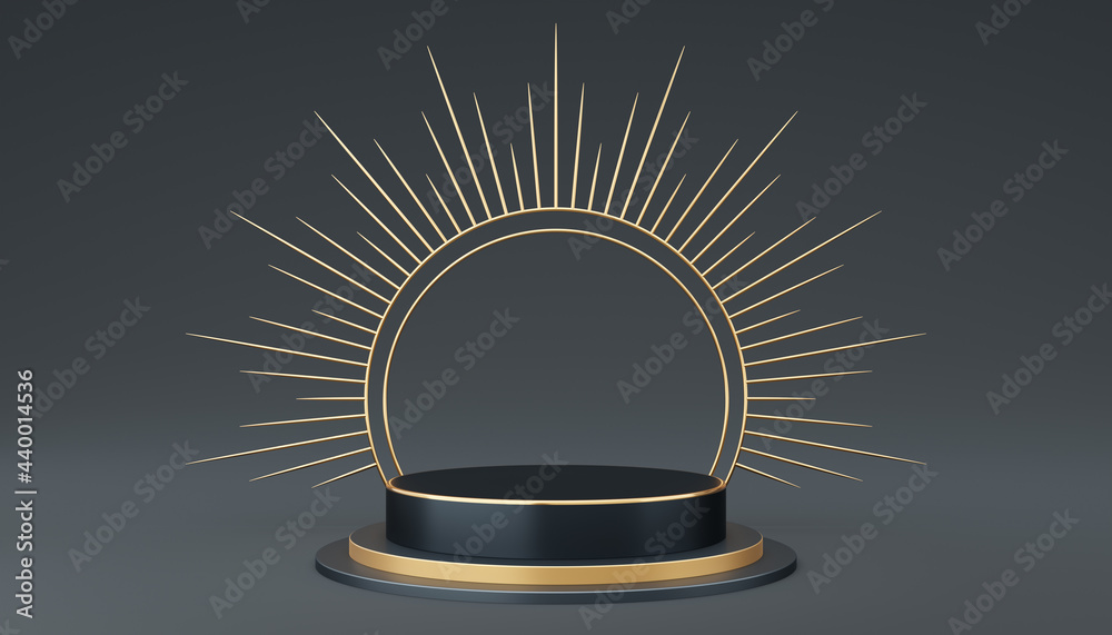 Empty gray cylinder podium with gold border and spiked halo circle on black background. Abstract minimal studio 3d geometric shape object. Pedestal mockup space for luxury display. 3d rendering. - obrazy, fototapety, plakaty 