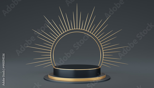 Empty gray cylinder podium with gold border and spiked halo circle on black background. Abstract minimal studio 3d geometric shape object. Pedestal mockup space for luxury display. 3d rendering.