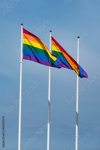 Malmo  Sweden June 12  2021 Pride flags on flagpoles in the Vastra Hamnen section of town.