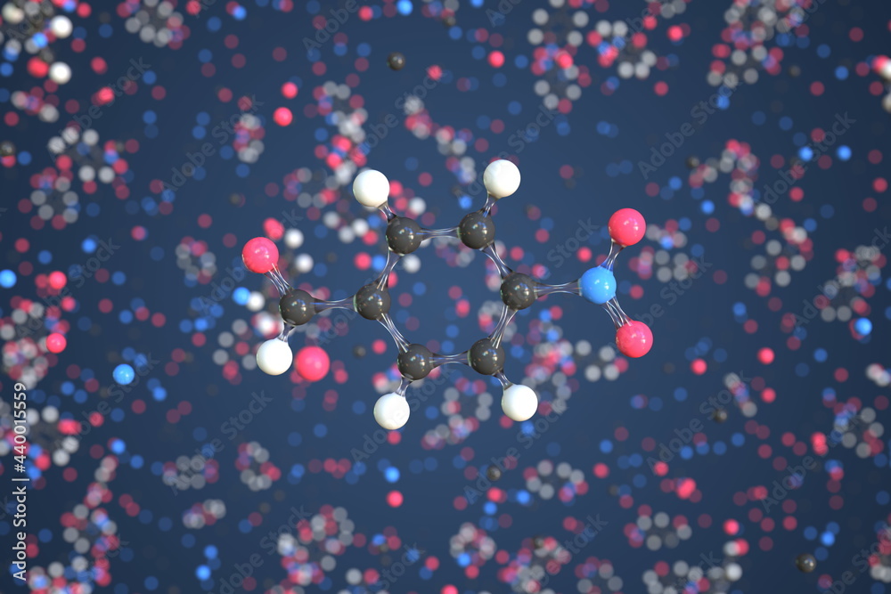 P-nitro benzal dehyde molecule made with balls, conceptual molecular model. Chemical 3d rendering P-nitro benzal dehyde molecule made with balls, conceptual molecular model. Chemical 3d rendering