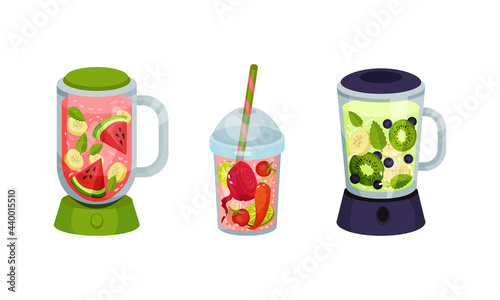 Smoothie in Blender and Glass with Straw with Different Ingredients Mixing Together Vector Set