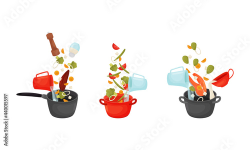 Food Preparation with Floating Soup Ingredients Dressing in Cooking Pot Vector Set