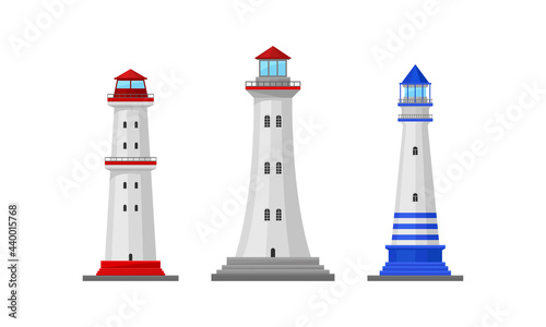 Lighthouse Tower Serving as Navigational Aid on Sea Vector Set