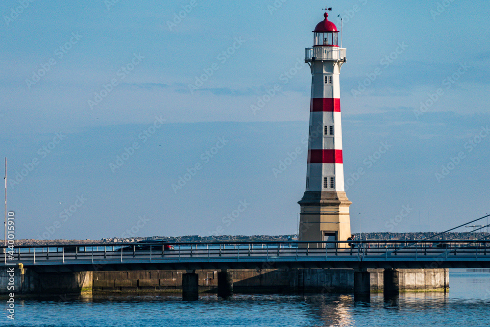 Malmo, Sweden June 12, 2021 A lighthouse and bike path in downtown.