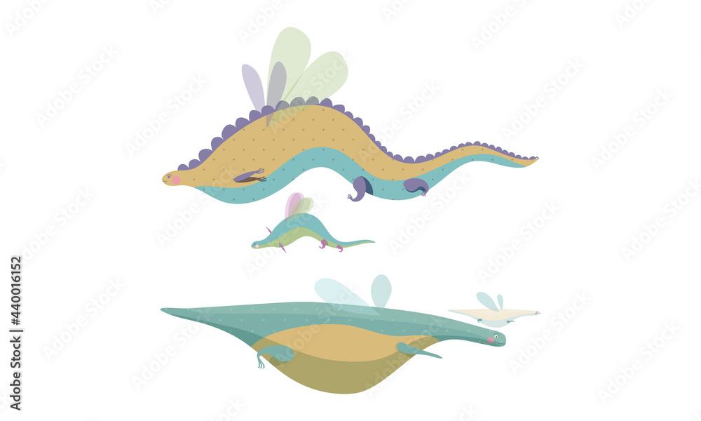 Obraz premium Fairy Dragon with Small Wings Playing with Its Cub Vector Set