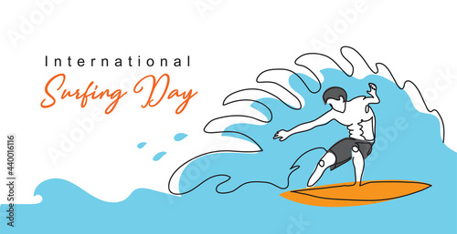 International surfing day simple vector banner, poster, background. One continuous line drawing of surfer guy on the surfboard catching the wave. Surfing day minimalist poster