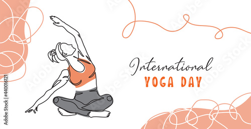 International yoga day minimalist vector banner, poster, background. .One continuous line art drawing of woman. World yoga day simple banner