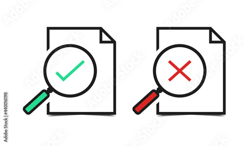 Document file with check mark and cross sign. Paper file with magnifying. Analysis task. Accept file and reject file. Illustration vector