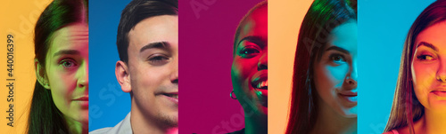 Cropped portraits of group of people on multicolored background in neon light, collage. photo
