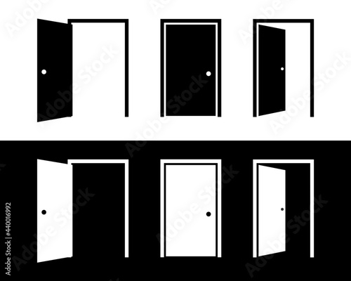 Set of door icon. Door open and locked. Black and white. Illustration vector