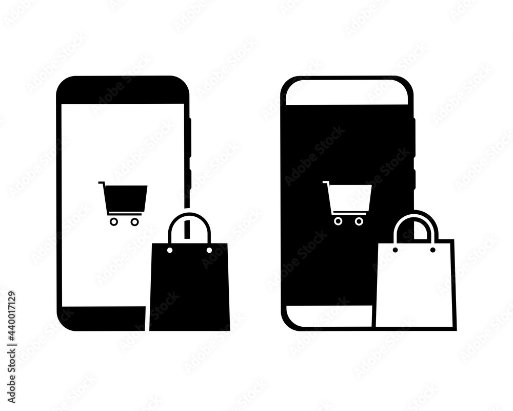Obraz premium Smartphone with cart and shopping bag. Online shopping icon. Illustration vector