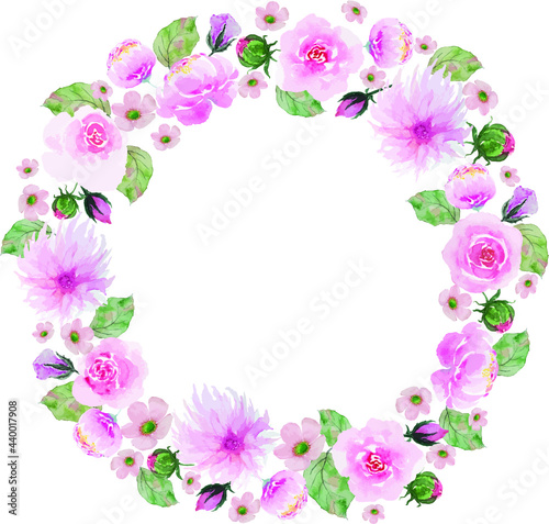 Vintage white flowers with green leaves circle frame painting watercolor illustration vector
