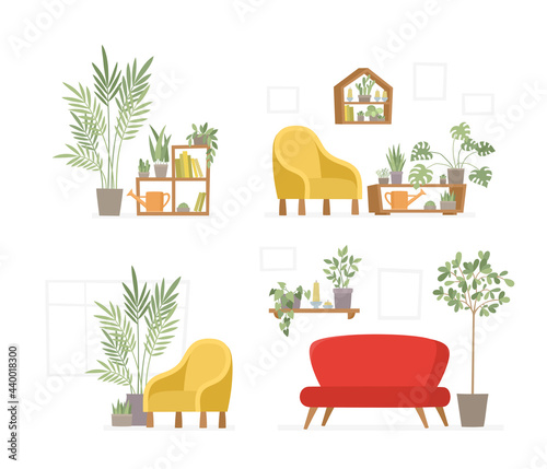 Vector set of interior design with trendy furniture and plants