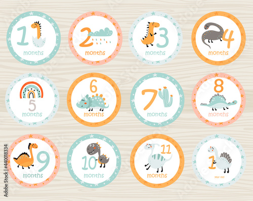 Monthly baby stickers with dinosaurs and items.