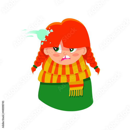 Vector illustration of a red haired little girl being hit by a snowball. Frightened face.