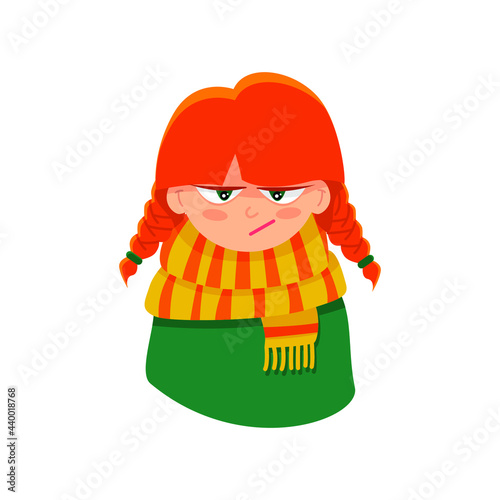 Illustration of an angry red haired little girl. Displeased face.