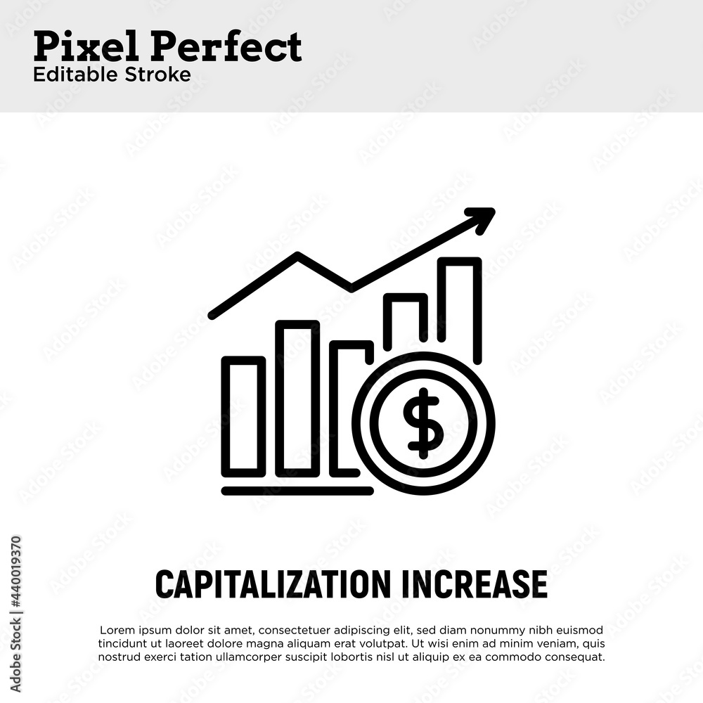 Fototapeta premium Capitalization increase thin line icon. Graph of growth with dollar sign. Dividends. Pixel perfect, editable stroke. Vector illustration.