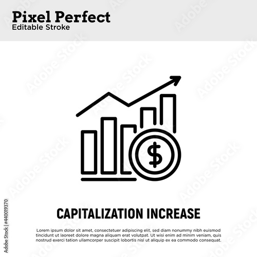 Capitalization increase thin line icon. Graph of growth with dollar sign. Dividends. Pixel perfect, editable stroke. Vector illustration.