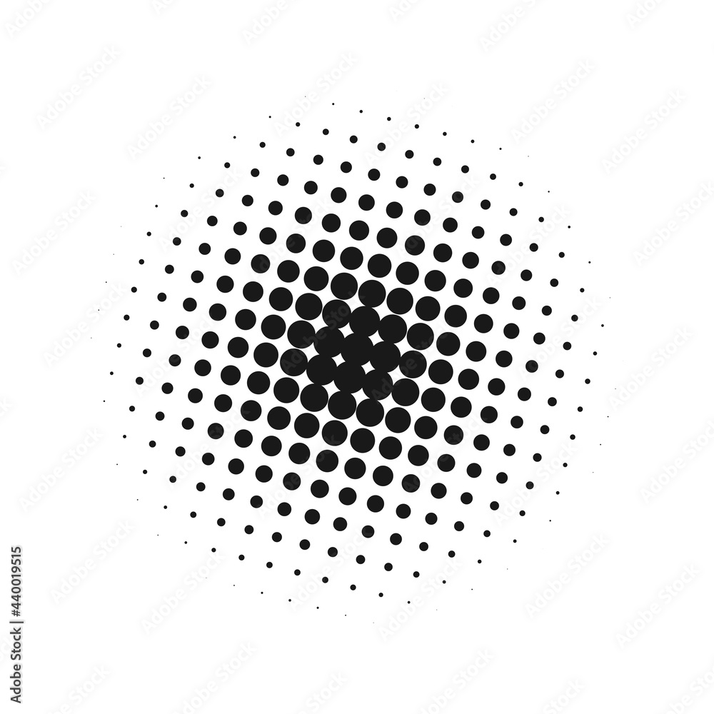 Black and white halftone radial pattern. Abstract dotty vector background.