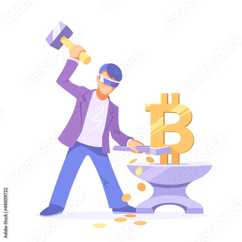 Anonymous user mines bitcoins. Unknown person crafts the large gold BTC sign like a blacksmith. Forging of a digital cryptocurrency with a sledge hammer and anvil.  Flat vector icon.