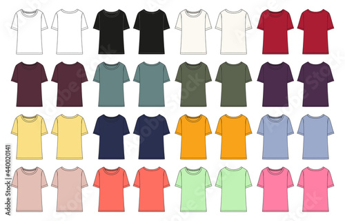 Round neck multicolor t-shirt vector flat template for women isolated on white background. Easy editable and customizable. Flat Sketch Vector Template Illustration 10 EPS. 