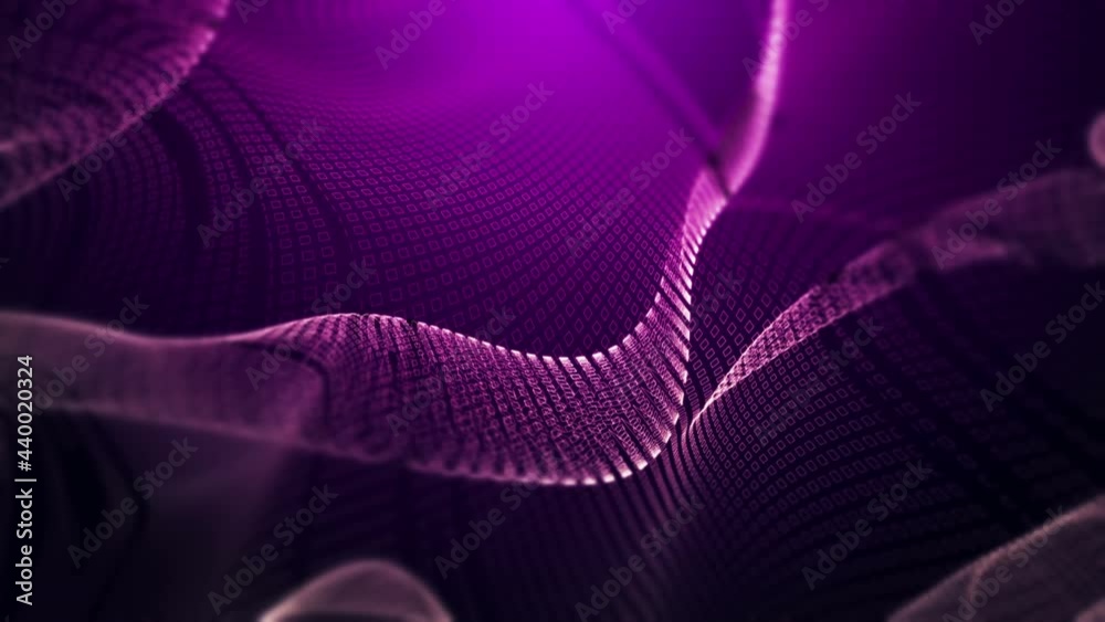 Wireframe dynamic grid mesh rippling motion as abstract purple waves network , 4K UHD 3D video loop tech design background