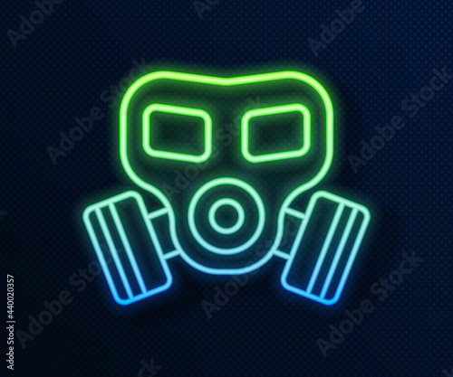 Glowing neon line Gas mask icon isolated on blue background. Respirator sign. Vector