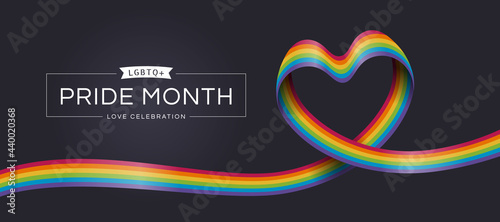LGBTQ Pride month love celebration text and rainbow pride ribbon roll make heart shape on dark background vector design