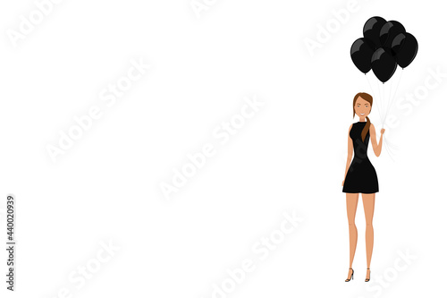 Girl hold black helium balloons. Poster with copy space. Vector illustration.