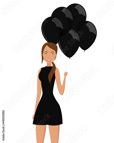 Pretty girl hold black helium balloons. Vector illustration.